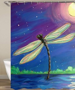 Dark Night Dragonfly Shower Curtain With Full Moon, Fabric Bathroom Curtain