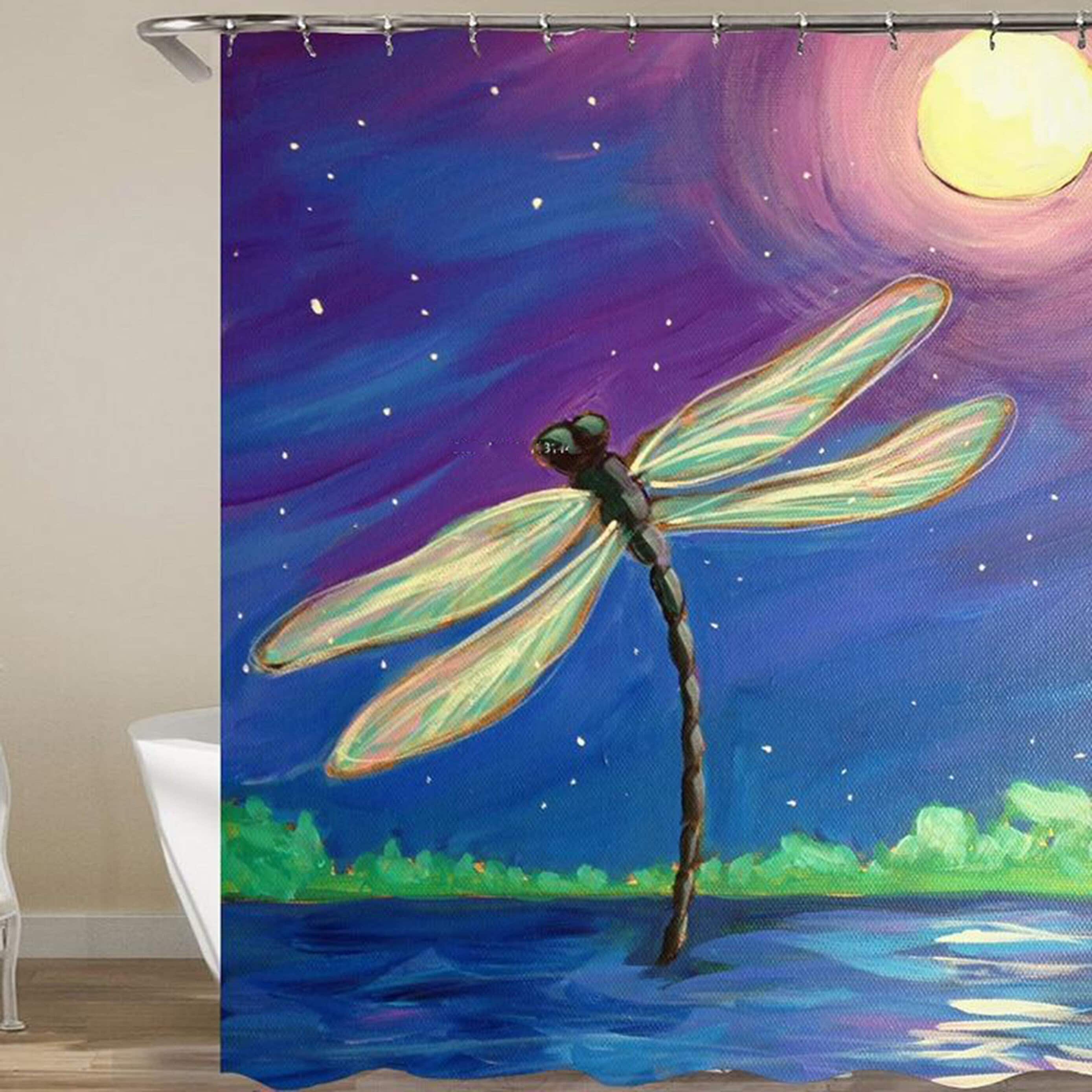 Dark Night Dragonfly Shower Curtain With Full Moon, Fabric Bathroom Curtain