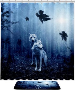 Dark Predator Wolf Shower Curtain with Forest Animal Print for Bathroom Decor