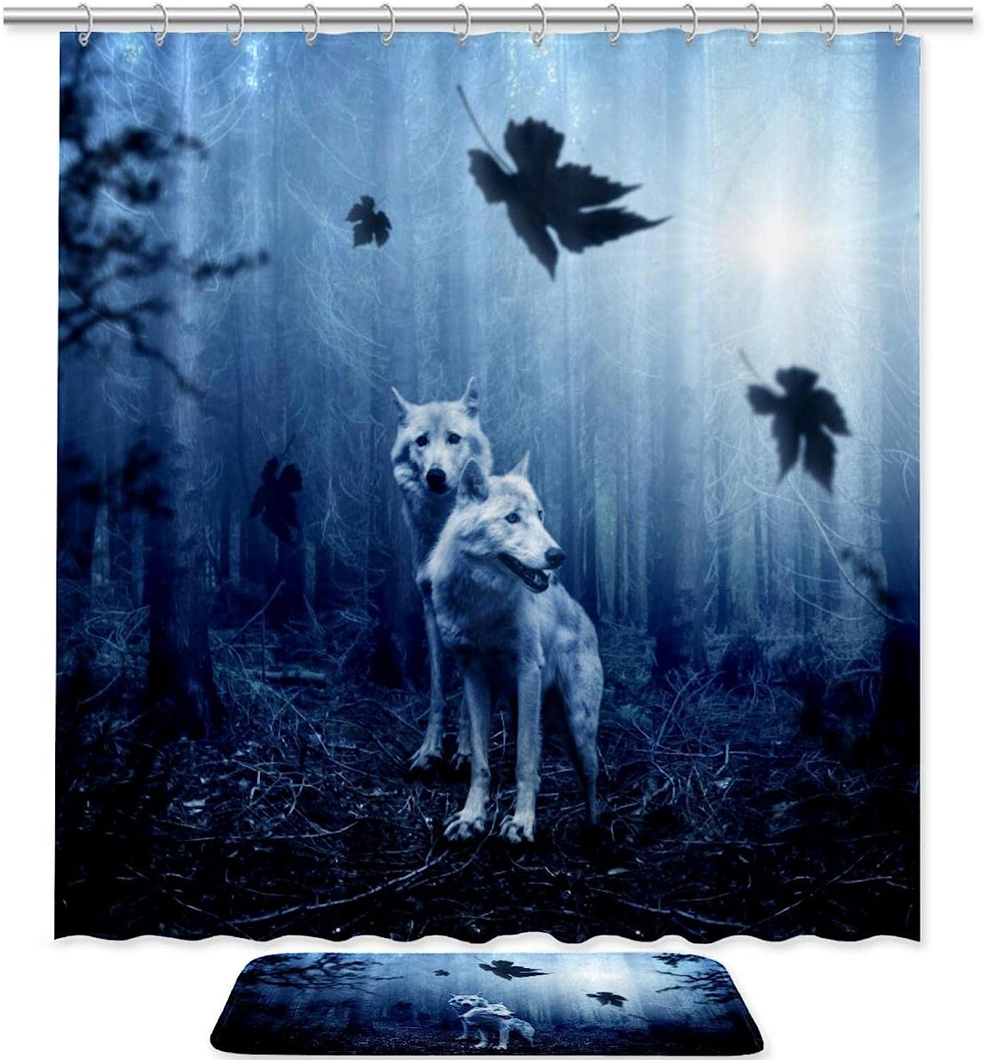 Dark Predator Wolf Shower Curtain with Forest Animal Print for Bathroom Decor