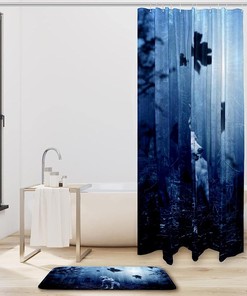Dark Predator Wolf Shower Curtain with Forest Animal Print for Bathroom Decor
