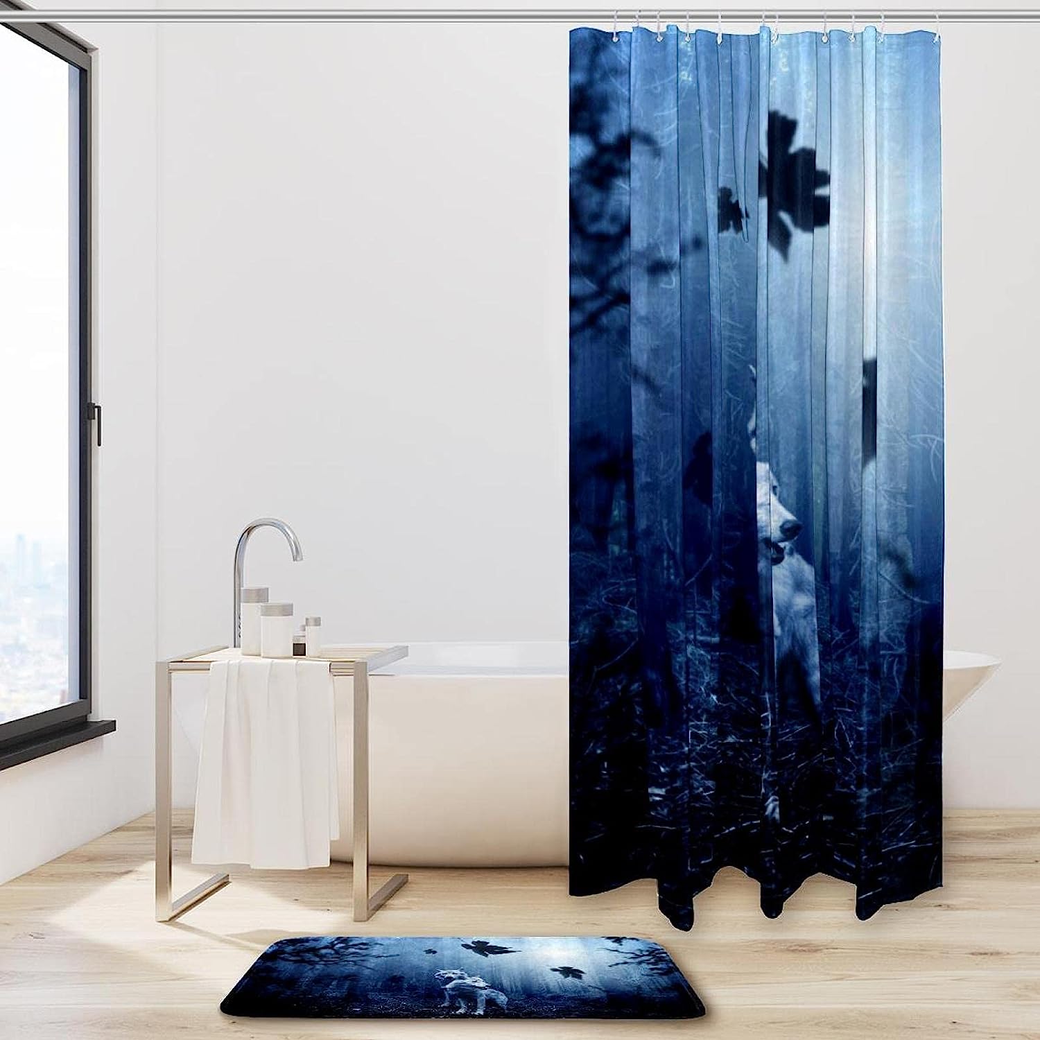 Dark Predator Wolf Shower Curtain with Forest Animal Print for Bathroom Decor