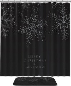 Dark Snowflake Merry Christmas Shower Curtain For Holiday Bathroom Decor