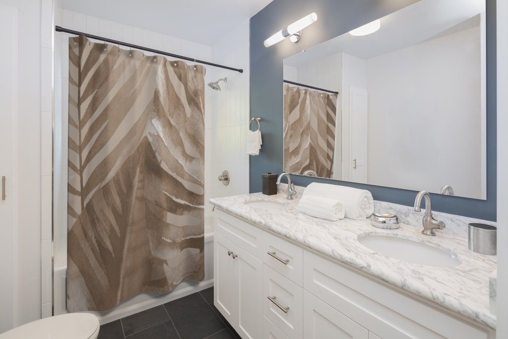 Dark Tropical Palm Trees Beige Brown And Taupe Shower Curtain For Your Bathroom - Image 2