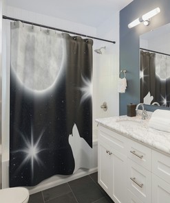 Dark Wolf and Moon Shower Curtain: Modern and Elegant Bathroom Dcor with Black and White Color Scheme