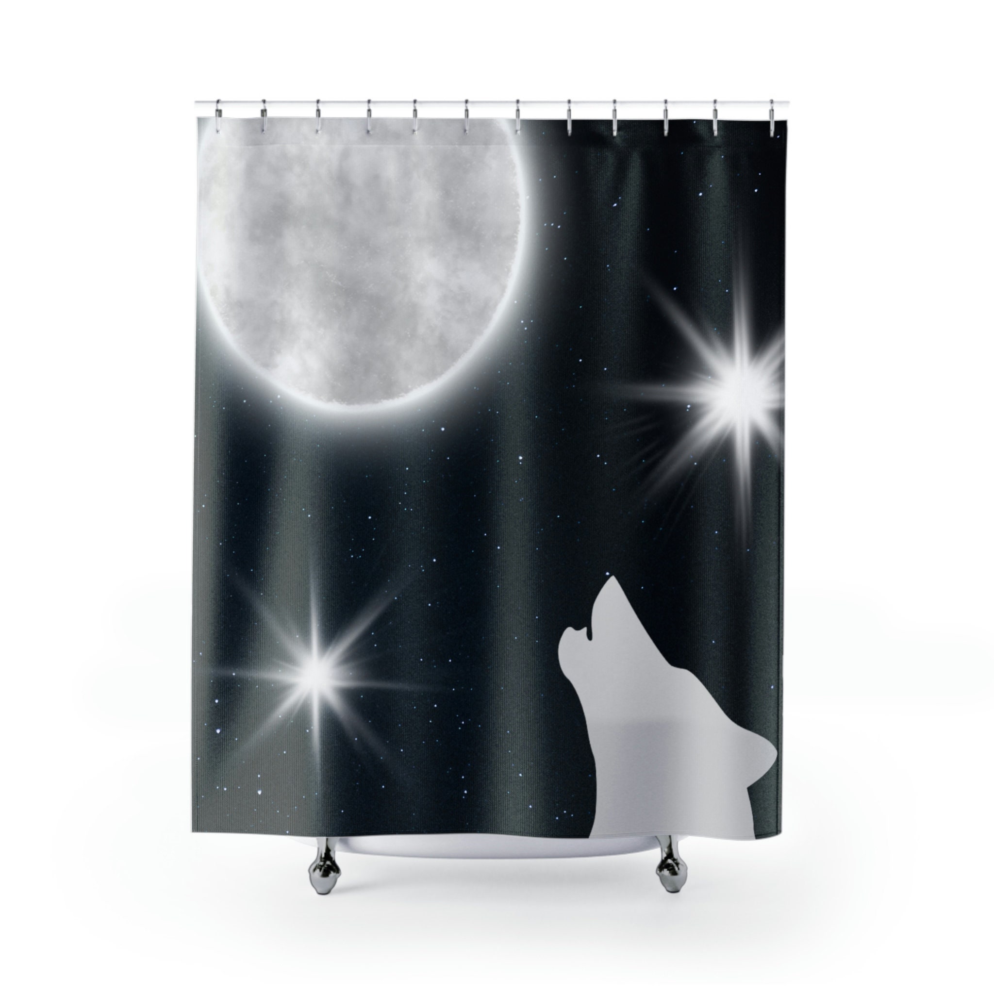 Dark Wolf and Moon Shower Curtain: Modern and Elegant Bathroom Dcor with Black and White Color Scheme