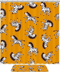 Dark Yellow Zebra Design Shower Set With Waterproof Fabric And Bath Accessories