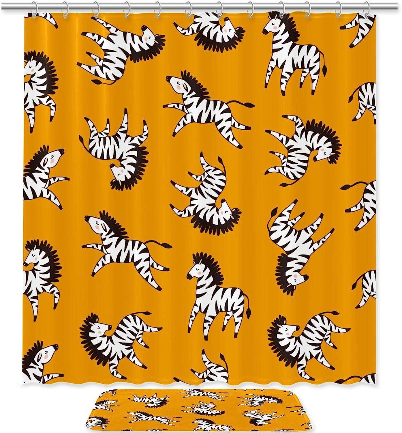 Dark Yellow Zebra Design Shower Set With Waterproof Fabric And Bath Accessories