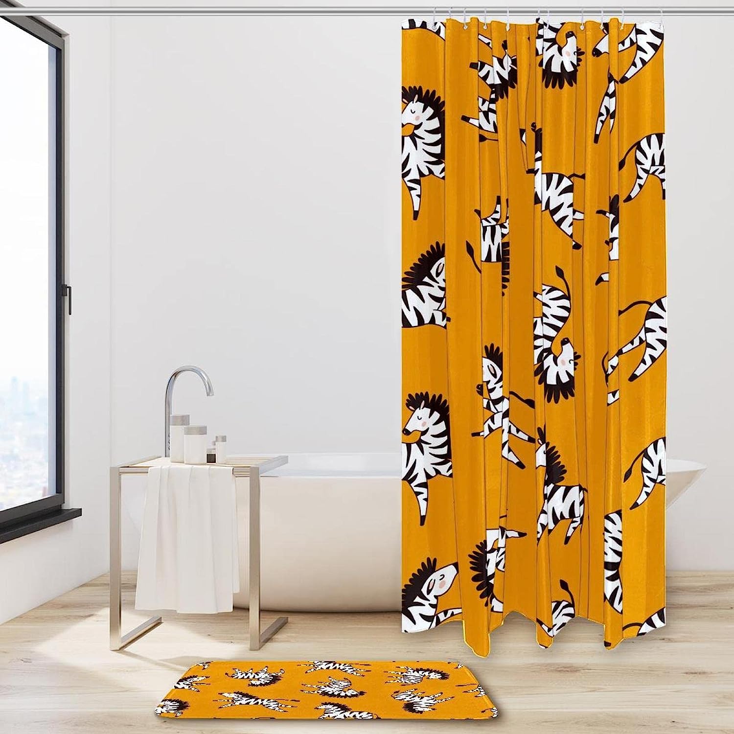 Dark Yellow Zebra Design Shower Set With Waterproof Fabric And Bath Accessories - Image 2
