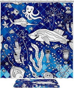 Dazzling Marine Shark Octopus Geometric Shower Curtain for your Bathroom