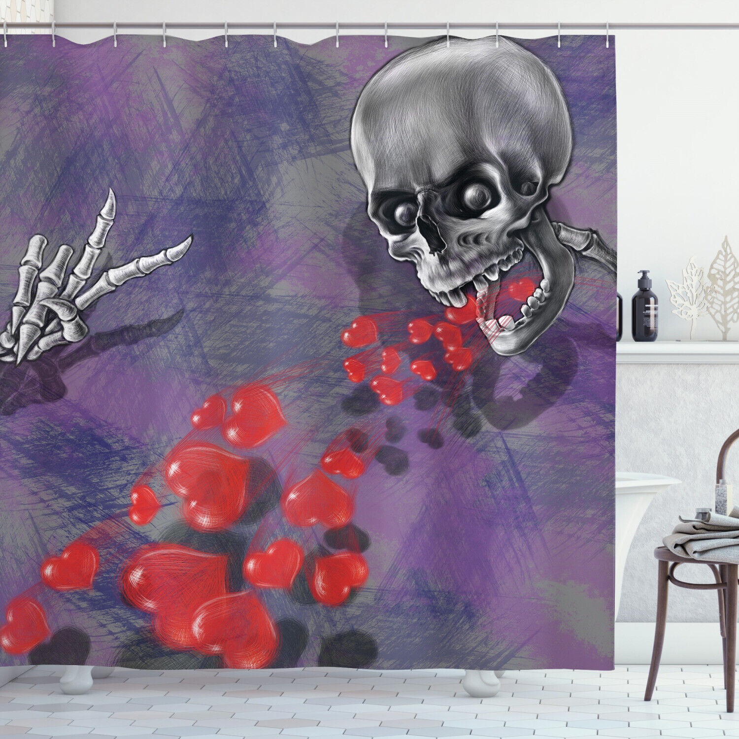 Deadly Romantic Heart Print Skull Fabric Shower Curtain - Romantic Skull Bathroom Decor