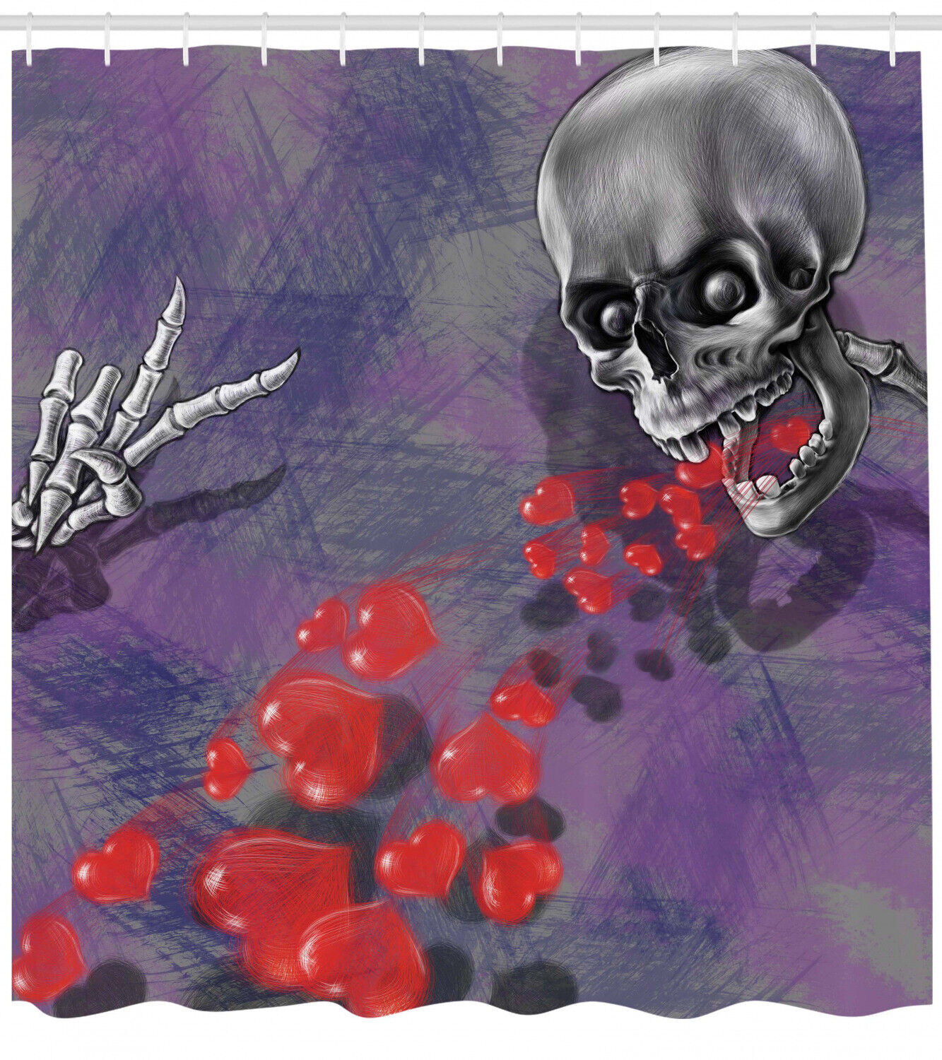 Deadly Romantic Heart Print Skull Fabric Shower Curtain - Romantic Skull Bathroom Decor
