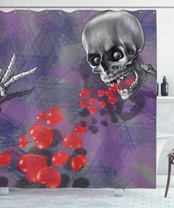 Deadly Romantic Heart Print Skull Fabric Shower Curtain - Romantic Skull Bathroom Decor