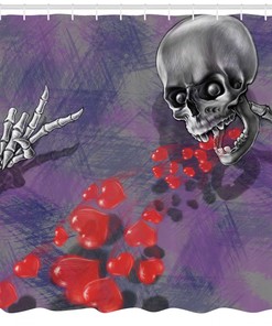 Deadly Romantic Heart Print Skull Fabric Shower Curtain - Romantic Skull Bathroom Decor