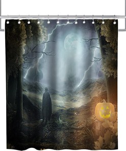 Death Moon Forest Skull Halloween Print Shower Curtain Waterproof Washable Blue