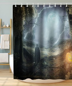 Death Moon Forest Skull Halloween Print Shower Curtain Waterproof Washable Blue