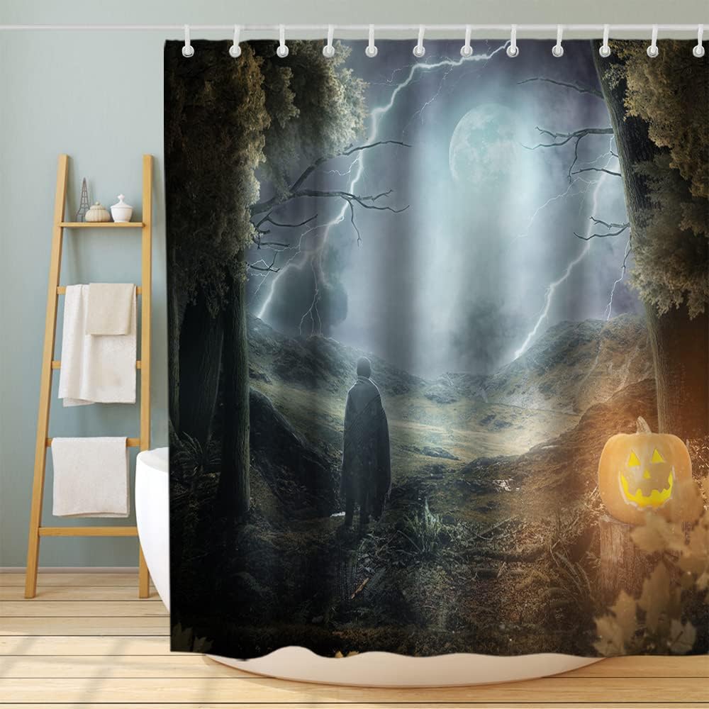 Death Moon Forest Skull Halloween Print Shower Curtain Waterproof Washable Blue