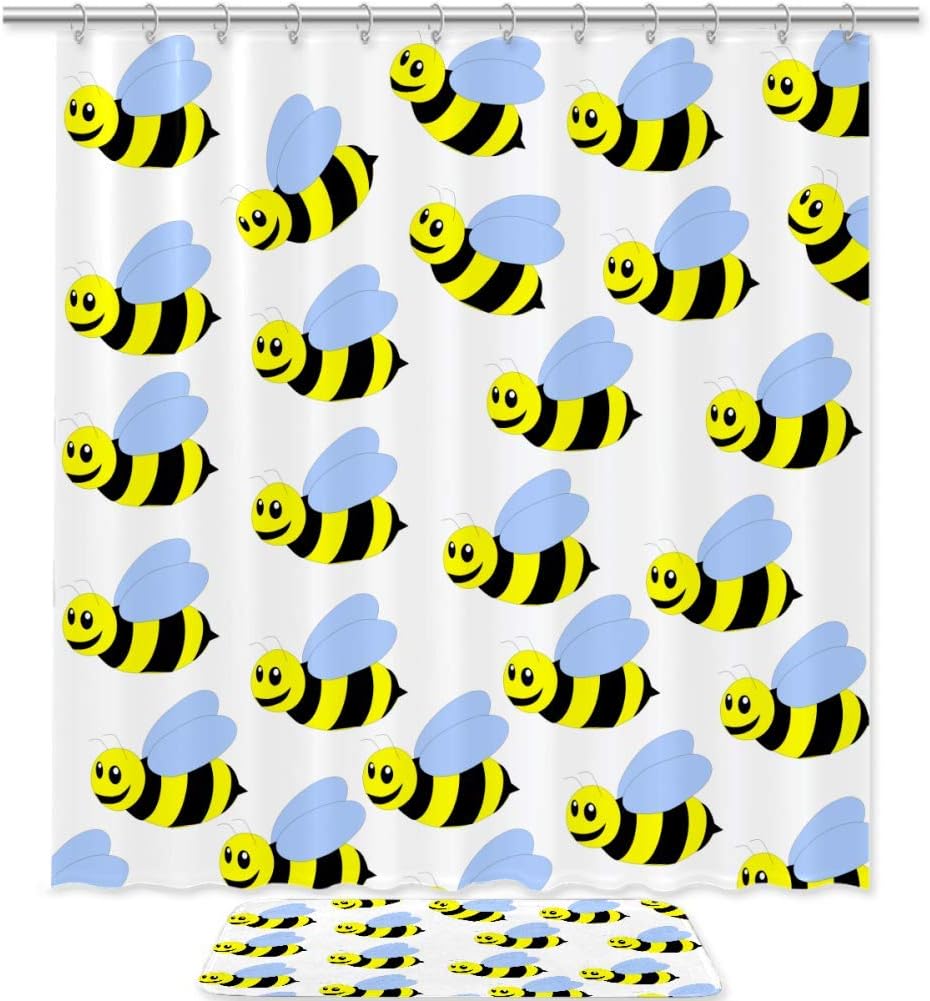 Decorative Bee Pattern Bathroom Decor Shower Curtain Memory Foam Waterproof Fabric