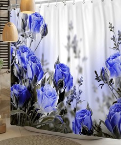 Decorative Blue Roses Flower Shower Curtain, Waterproof Fabric For Bathroom