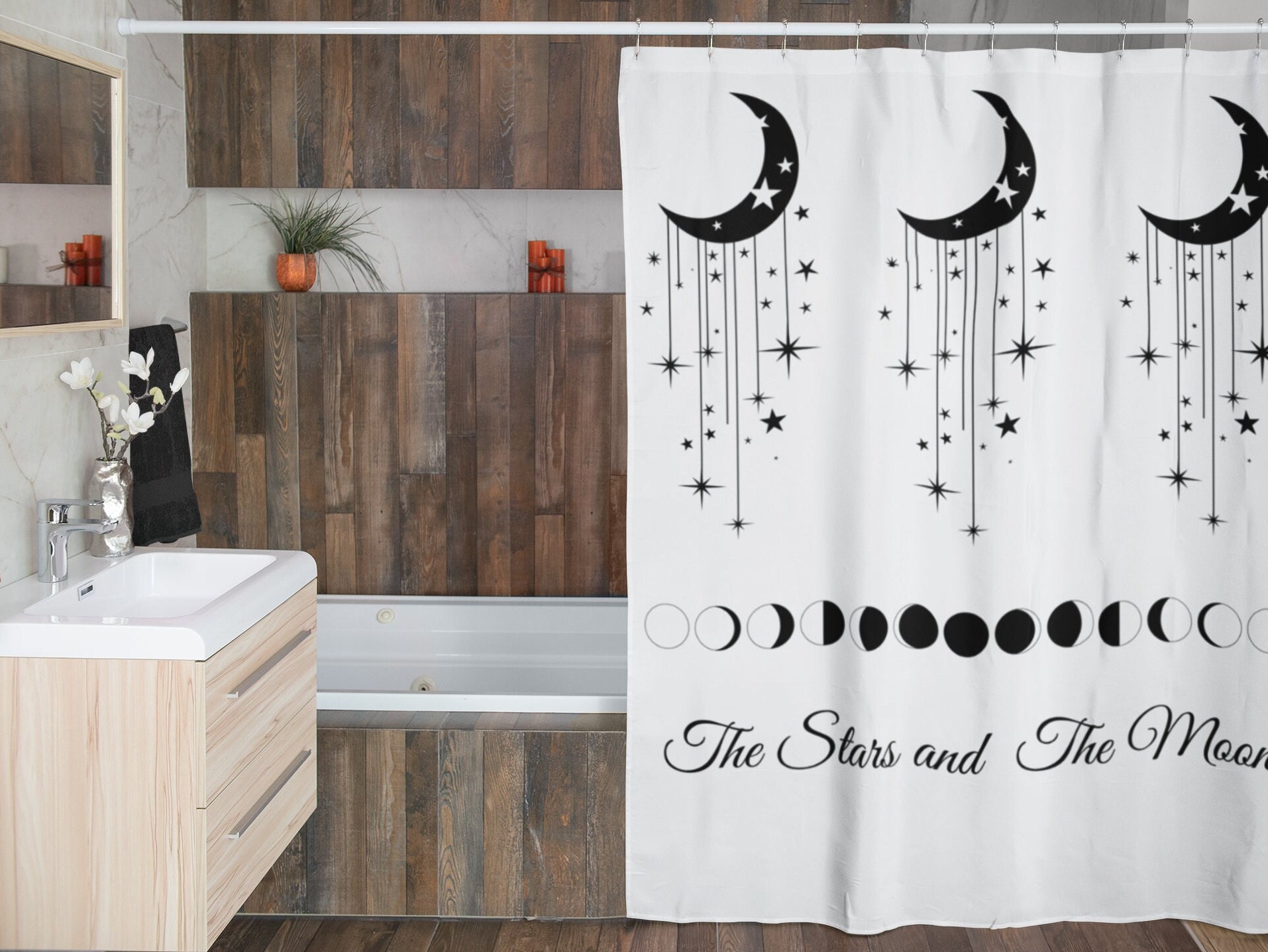 Decorative Celestial Black and White Modern Bathroom Design Shower Curtain