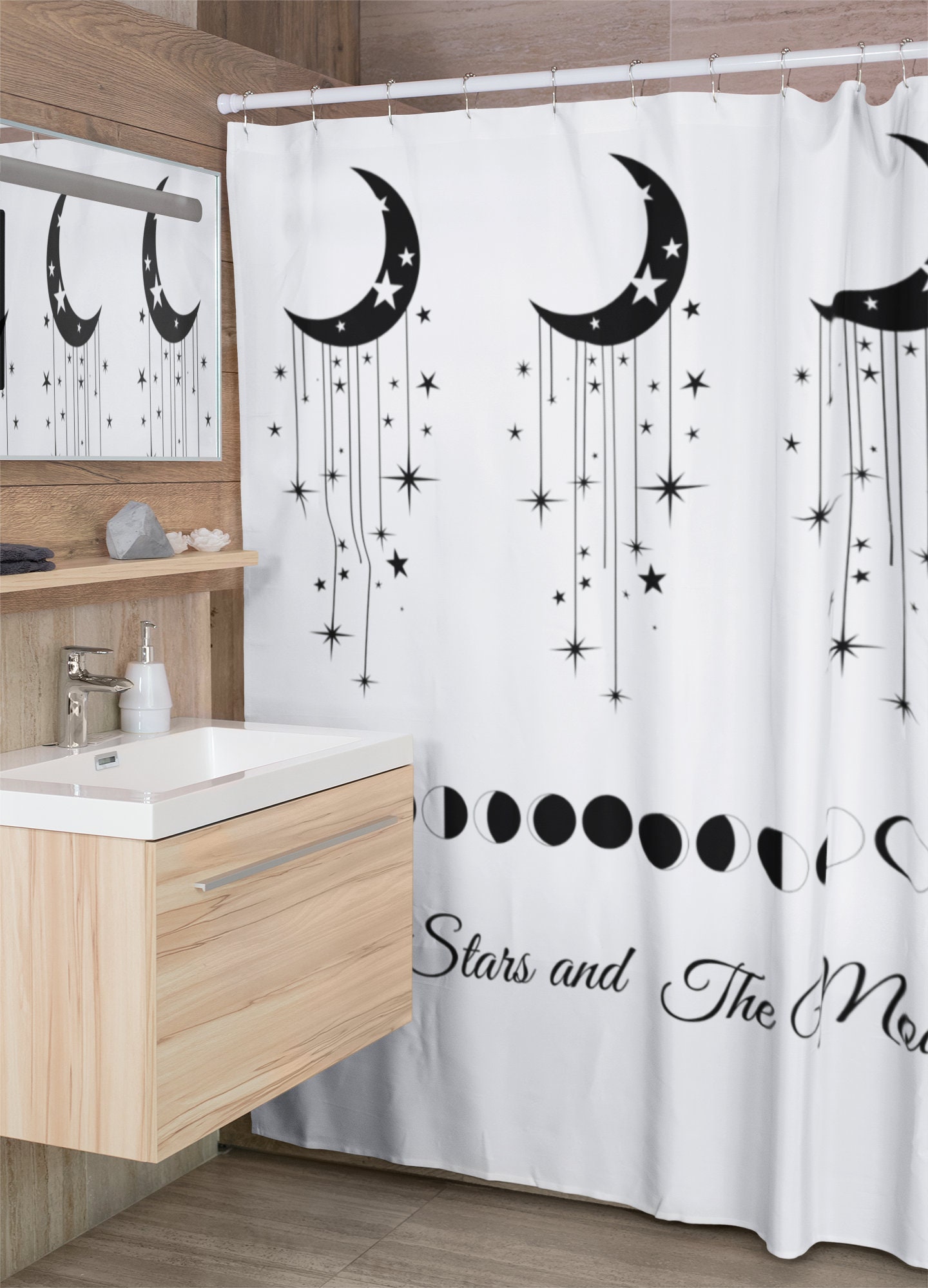 Decorative Celestial Black and White Modern Bathroom Design Shower Curtain