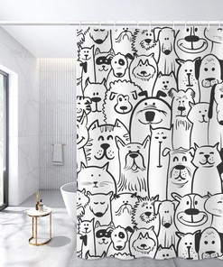 Decorative Dog Shower Curtain - Playful Animal Patterns On Waterproof Fabric