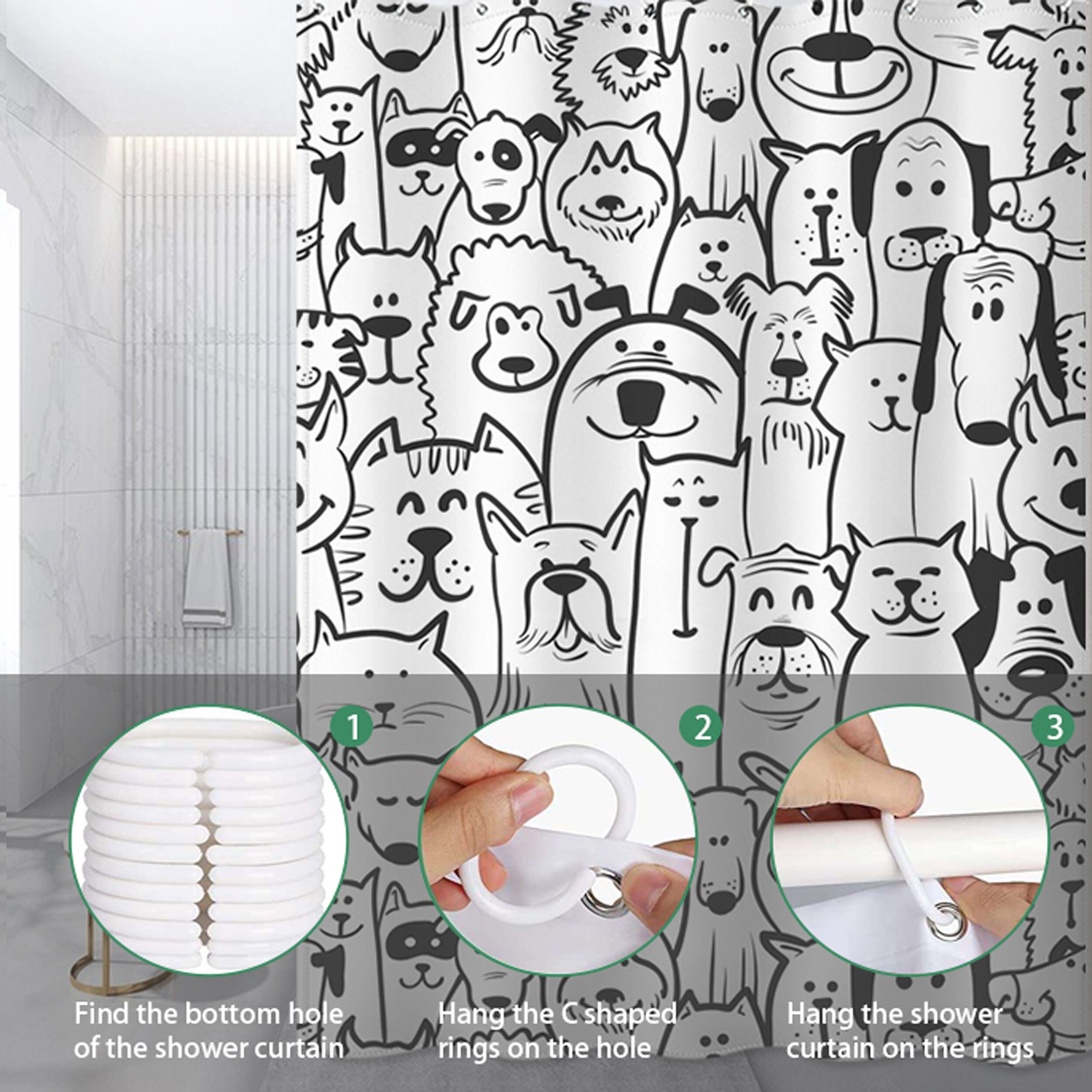 Decorative Dog Shower Curtain - Playful Animal Patterns On Waterproof Fabric - Image 3