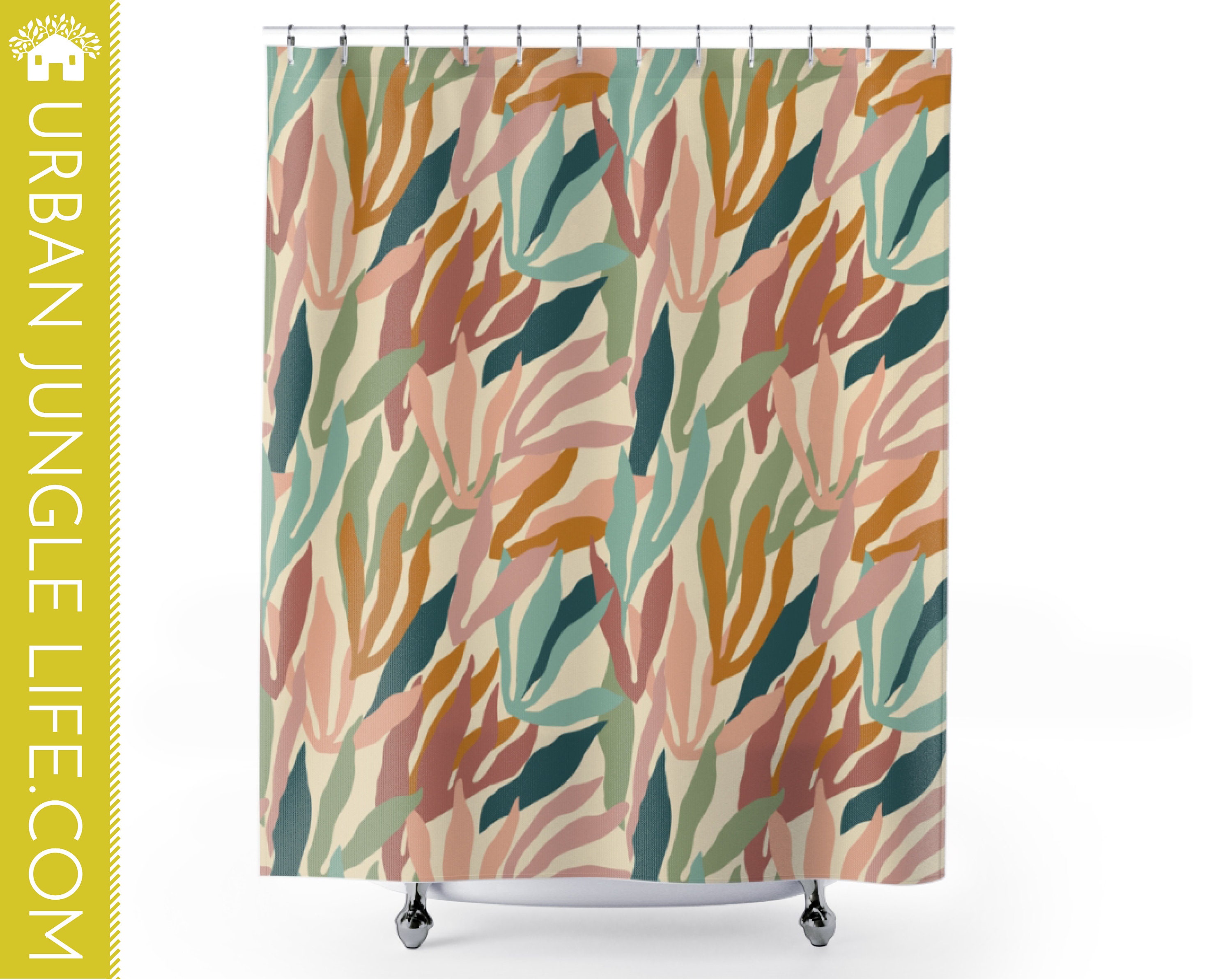 Decorative House Plants Shower Curtain with Tropical Leaves Design for Bathroom, Plant Lover Gift