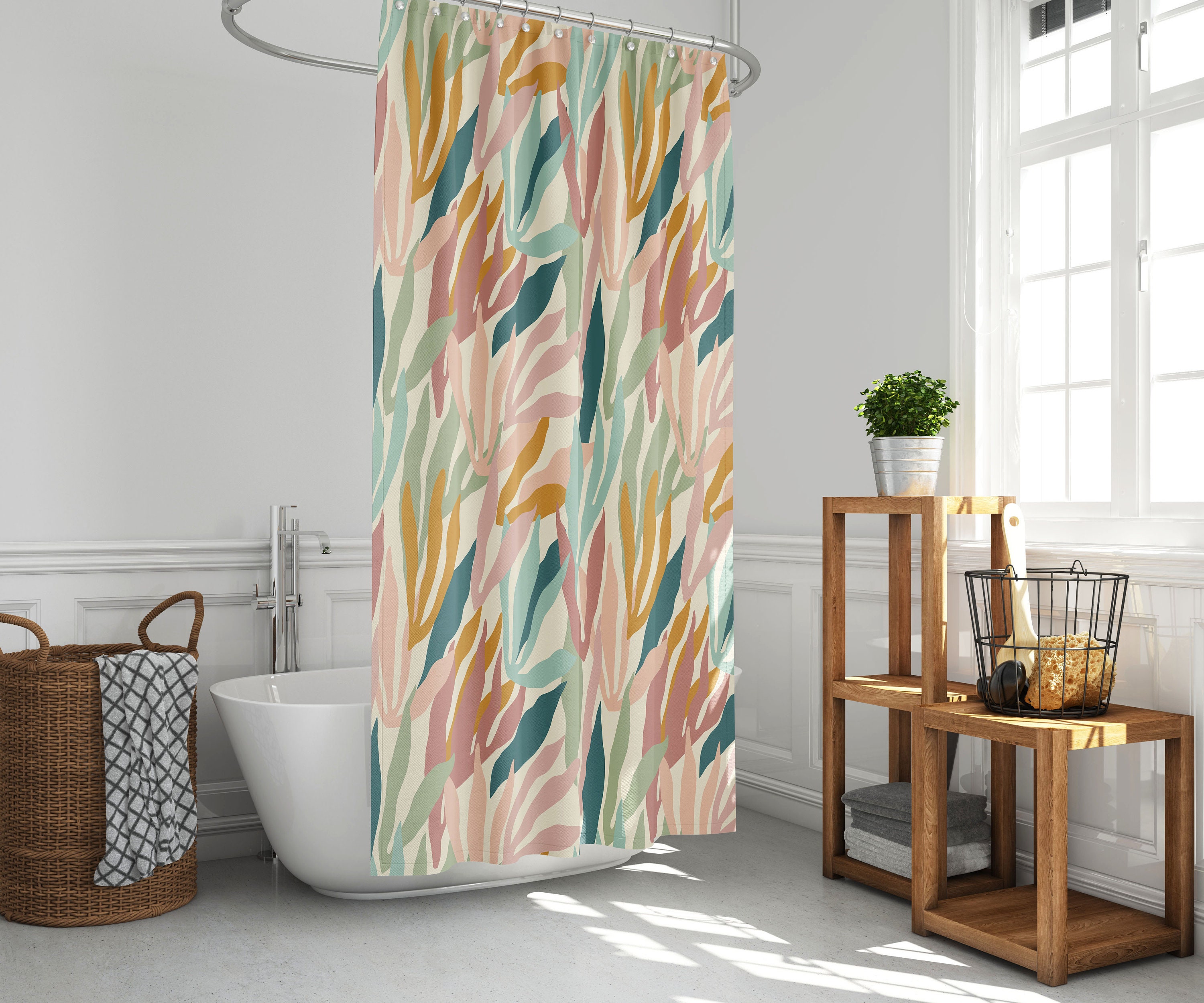Decorative House Plants Shower Curtain with Tropical Leaves Design for Bathroom, Plant Lover Gift