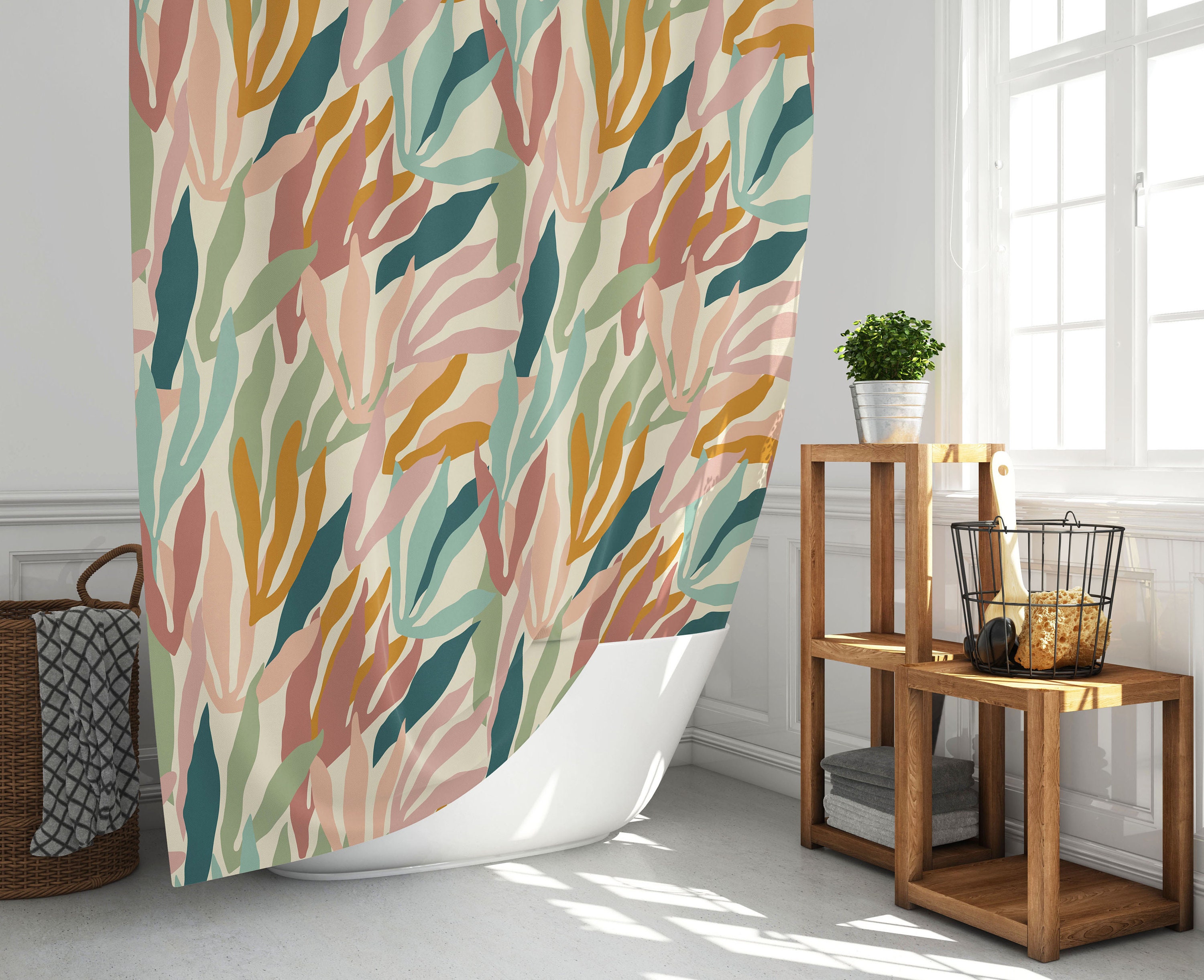 Decorative House Plants Shower Curtain with Tropical Leaves Design for Bathroom, Plant Lover Gift
