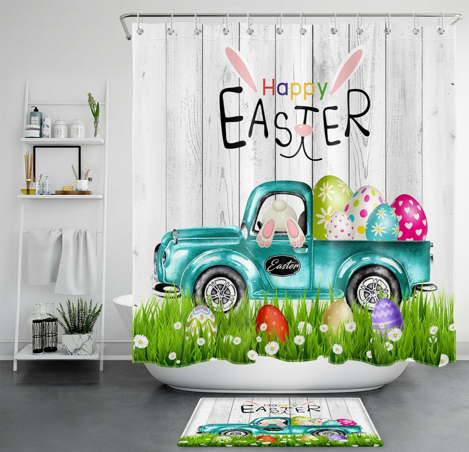 Decorative Shower Curtain With Easter Eggs & Festive Gifts - Unique Bathroom Decor