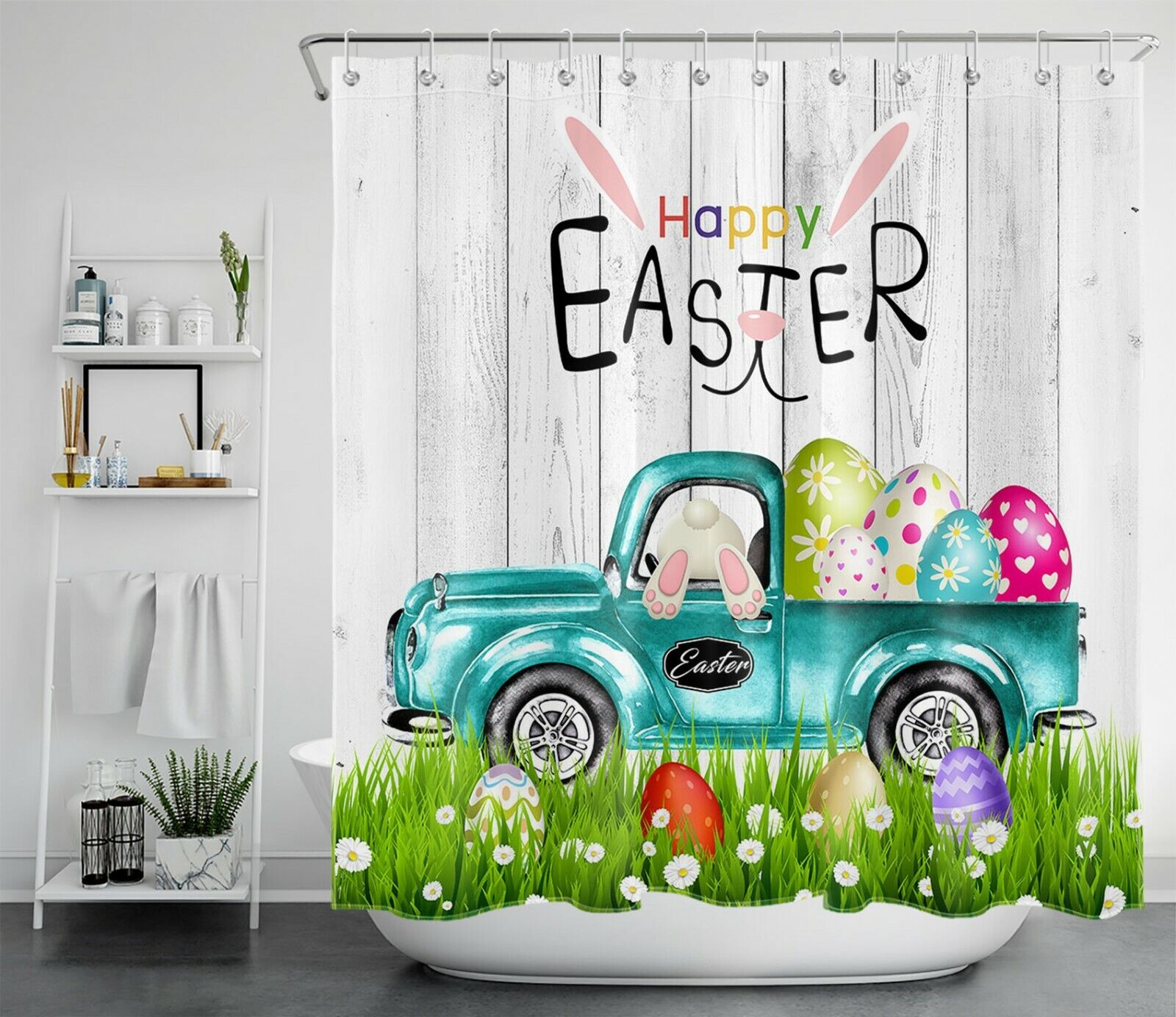 Decorative Shower Curtain With Easter Eggs & Festive Gifts - Unique Bathroom Decor