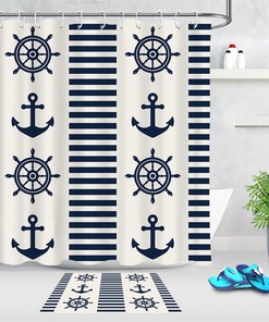 Deep Blue Stripes Shower Curtain with Steering Wheel and Anchors Design 