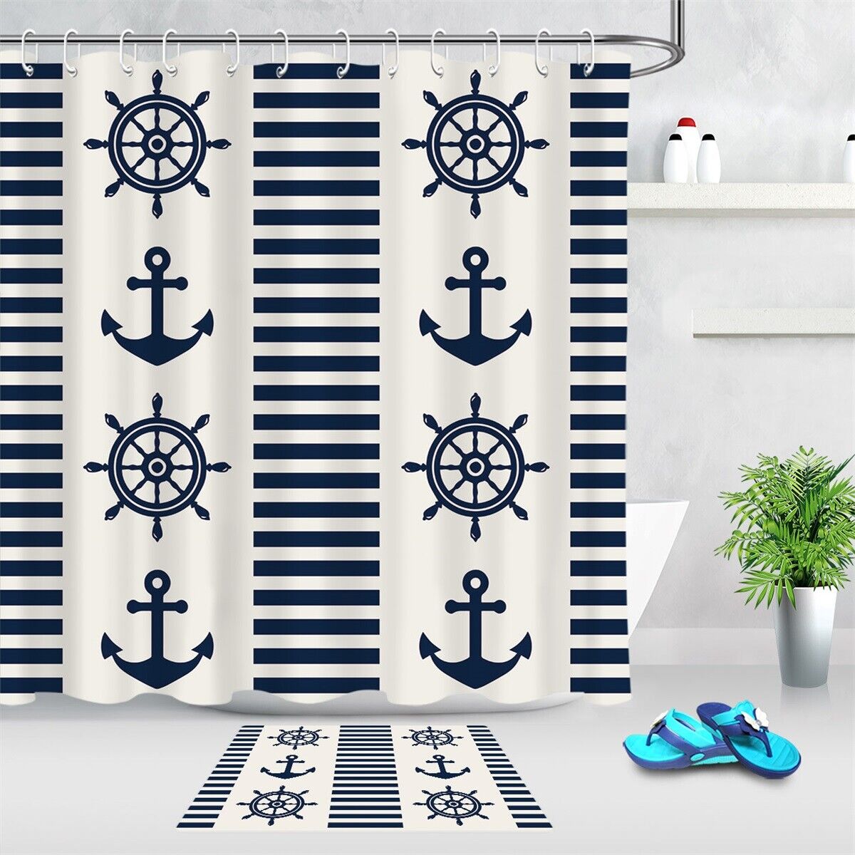 Deep Blue Stripes Shower Curtain with Steering Wheel and Anchors Design