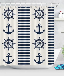 Deep Blue Stripes Shower Curtain with Steering Wheel and Anchors Design