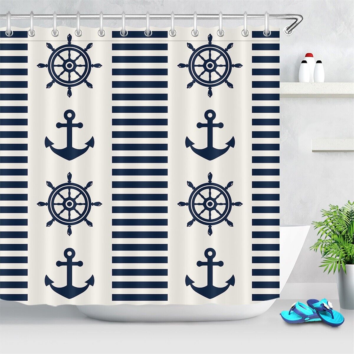 Deep Blue Stripes Shower Curtain with Steering Wheel and Anchors Design