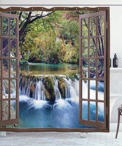 Deep Forest Waterfall Print Shower Curtain For A Peaceful And Serene Bathroom Ambience