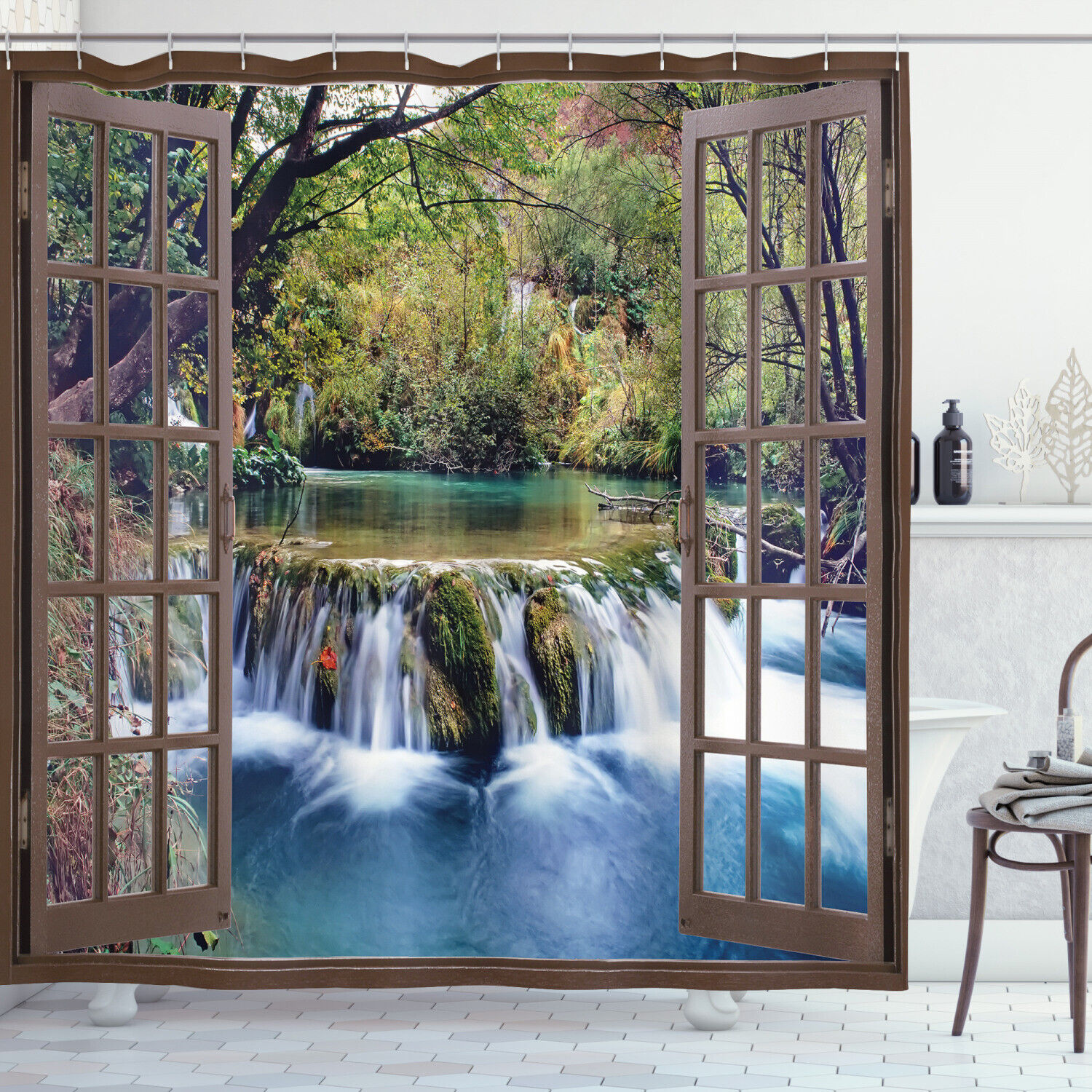 Deep Forest Waterfall Print Shower Curtain For A Peaceful And Serene Bathroom Ambience