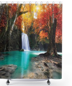 Deep Forest Waterfall Shower Curtain - Autumn Seasonal Cloth Fabric Bathroom Decor