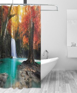 Deep Forest Waterfall Shower Curtain - Autumn Seasonal Cloth Fabric Bathroom Decor