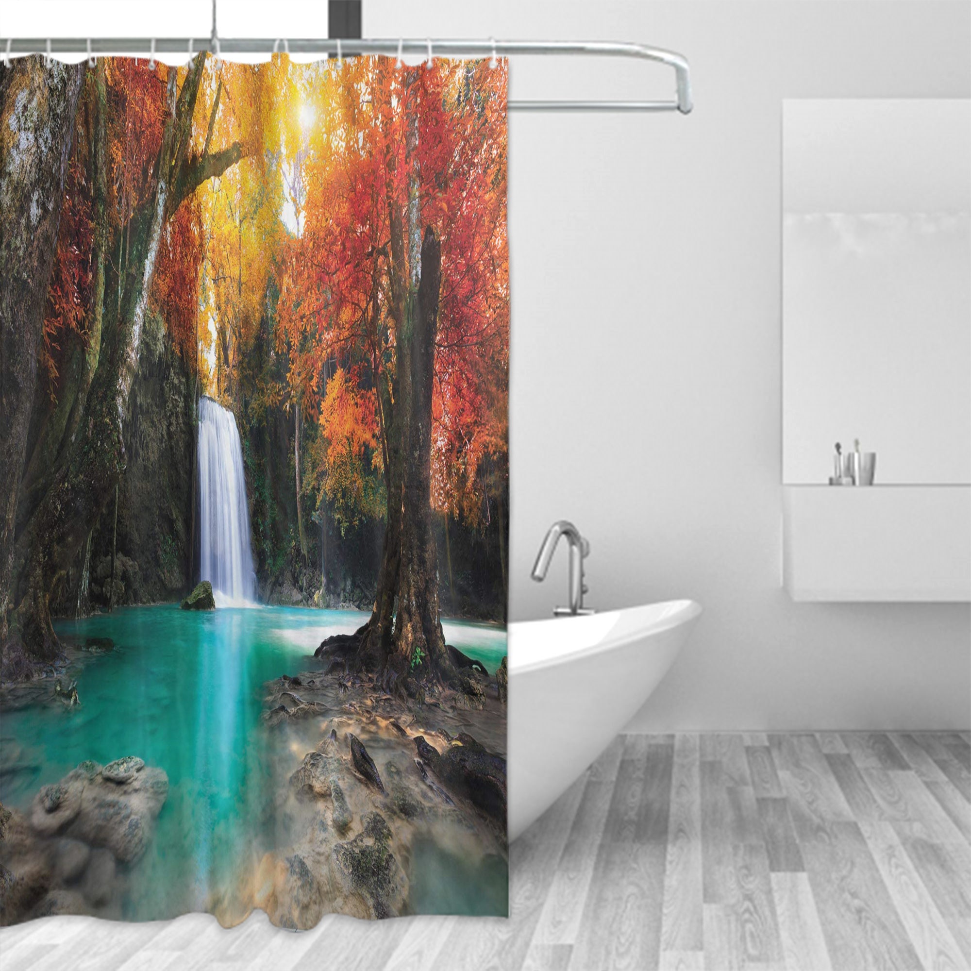 Deep Forest Waterfall Shower Curtain - Autumn Seasonal Cloth Fabric Bathroom Decor