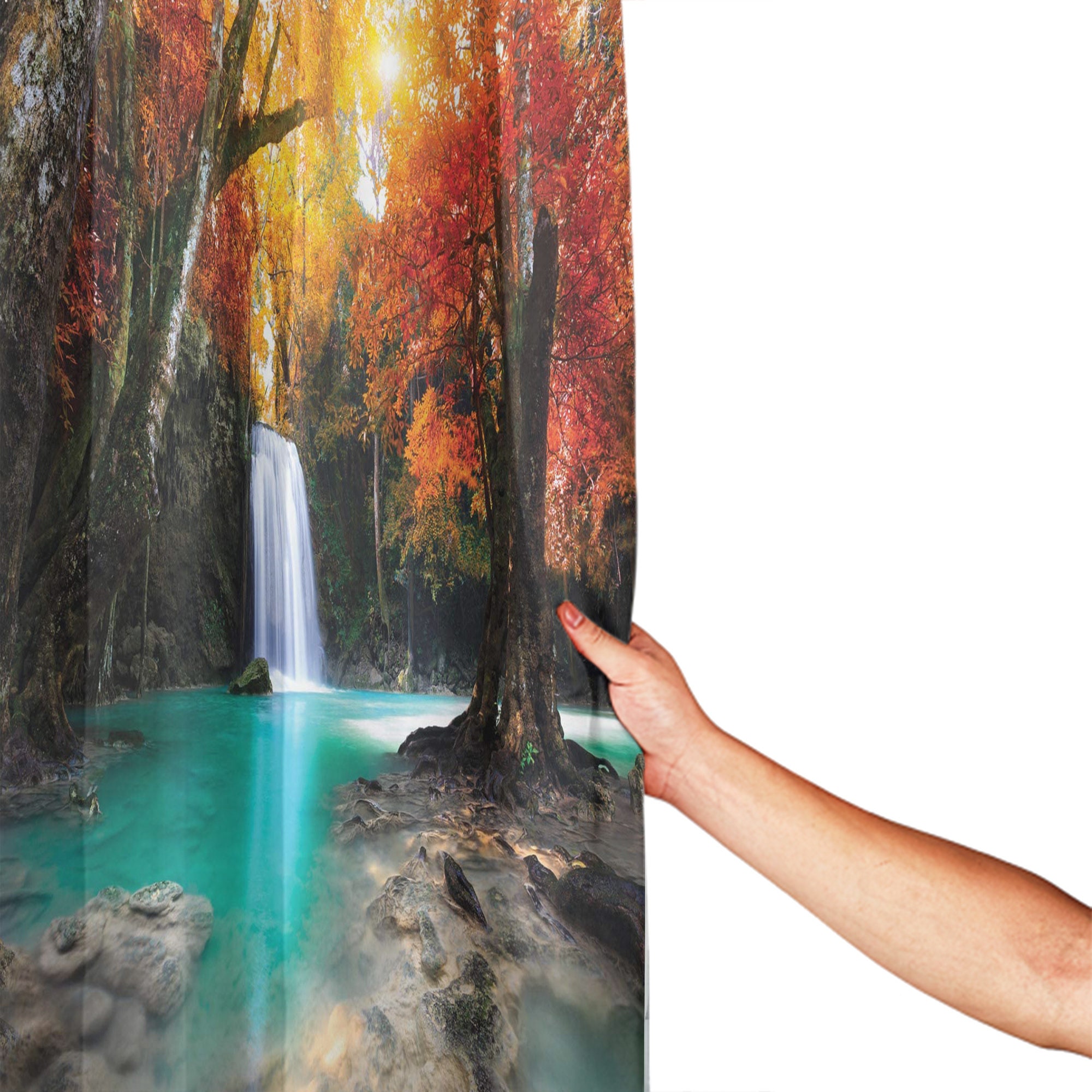 Deep Forest Waterfall Shower Curtain - Autumn Seasonal Cloth Fabric Bathroom Decor
