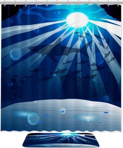 Deep Marine Shower Curtain With Sharks Print, Waterproof Bathroom Decors, Perfect For Ocean Lovers