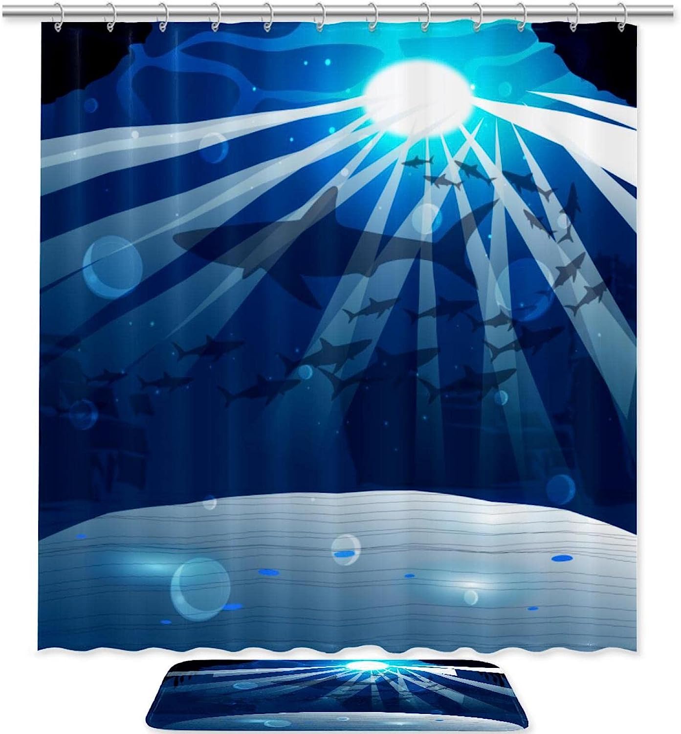 Deep Marine Shower Curtain With Sharks Print, Waterproof Bathroom Decors, Perfect For Ocean Lovers