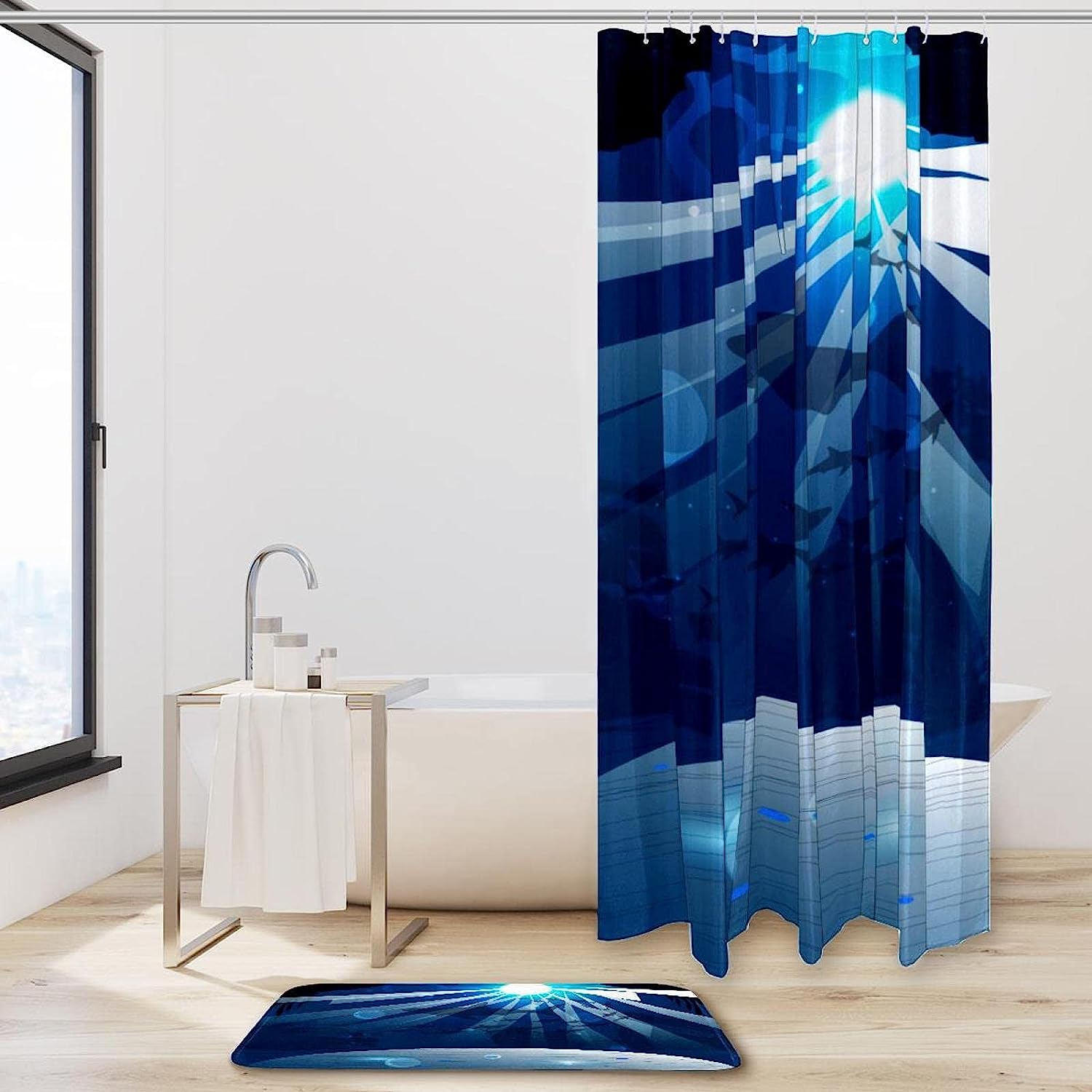 Deep Marine Shower Curtain With Sharks Print, Waterproof Bathroom Decors, Perfect For Ocean Lovers - Image 2