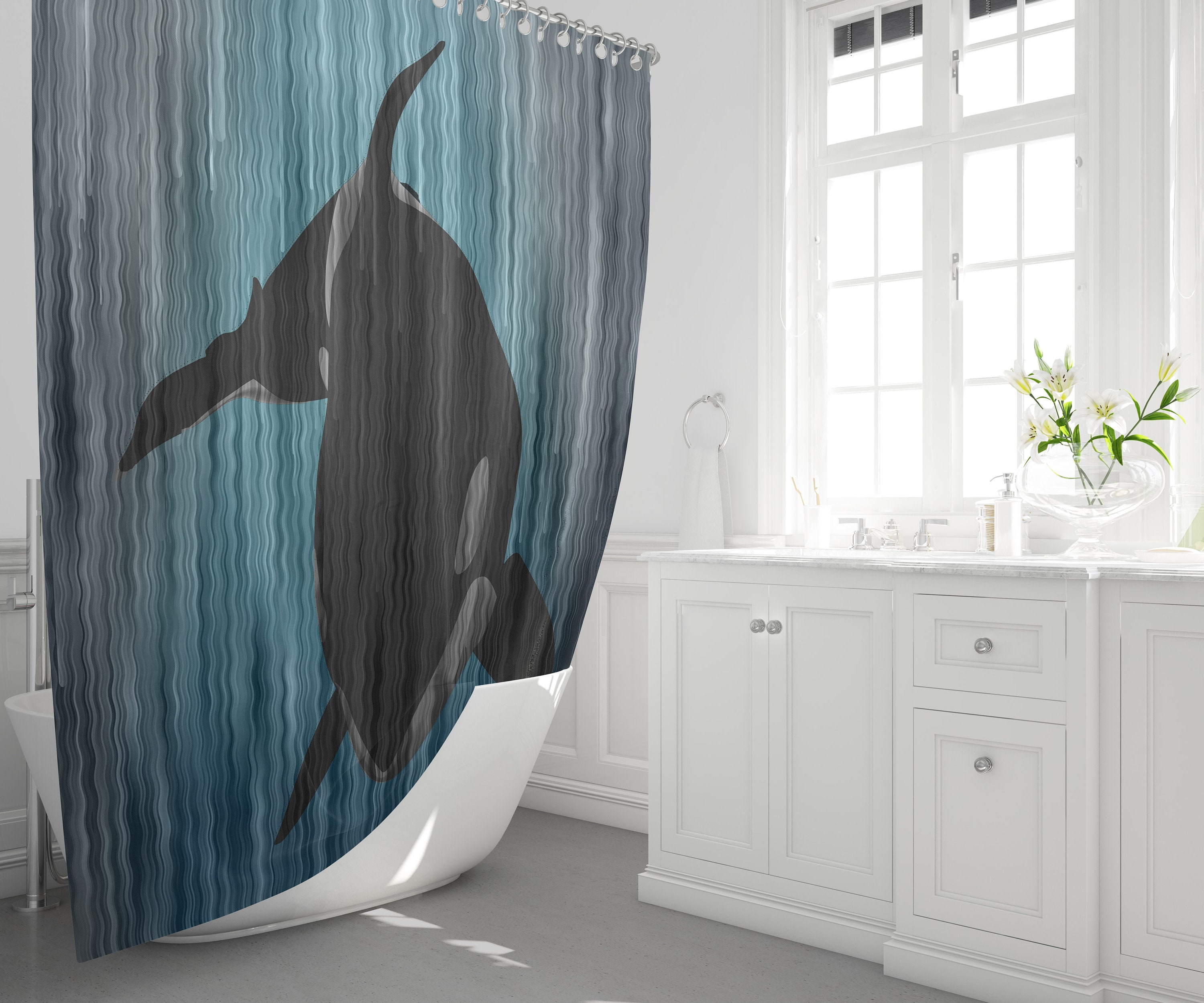 Deep Ocean Blue Killer Whale Polyester Shower Curtain, Perfect For Your Underwater Themed Bathroom