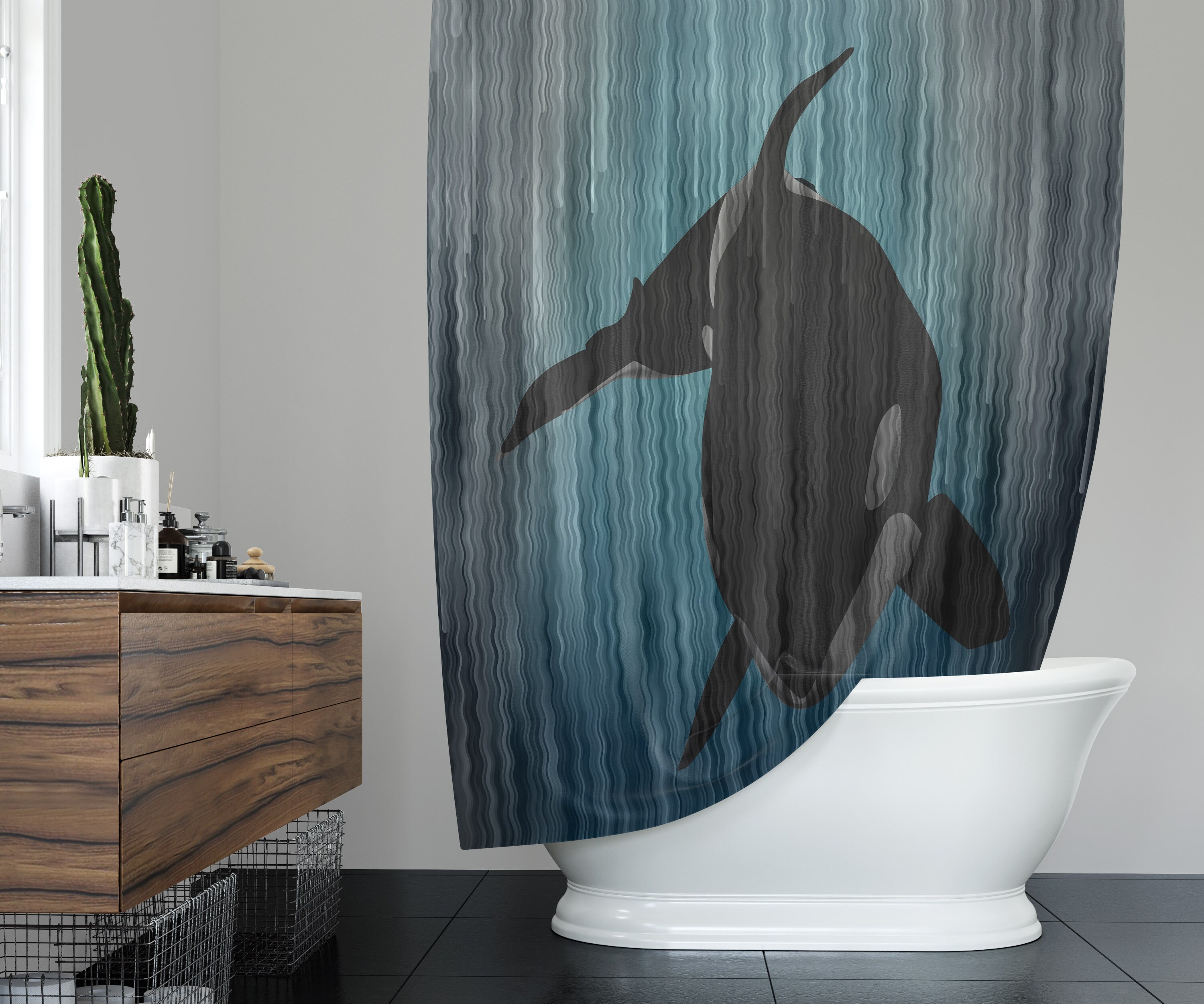 Deep Ocean Blue Killer Whale Polyester Shower Curtain, Perfect For Your Underwater Themed Bathroom - Image 3