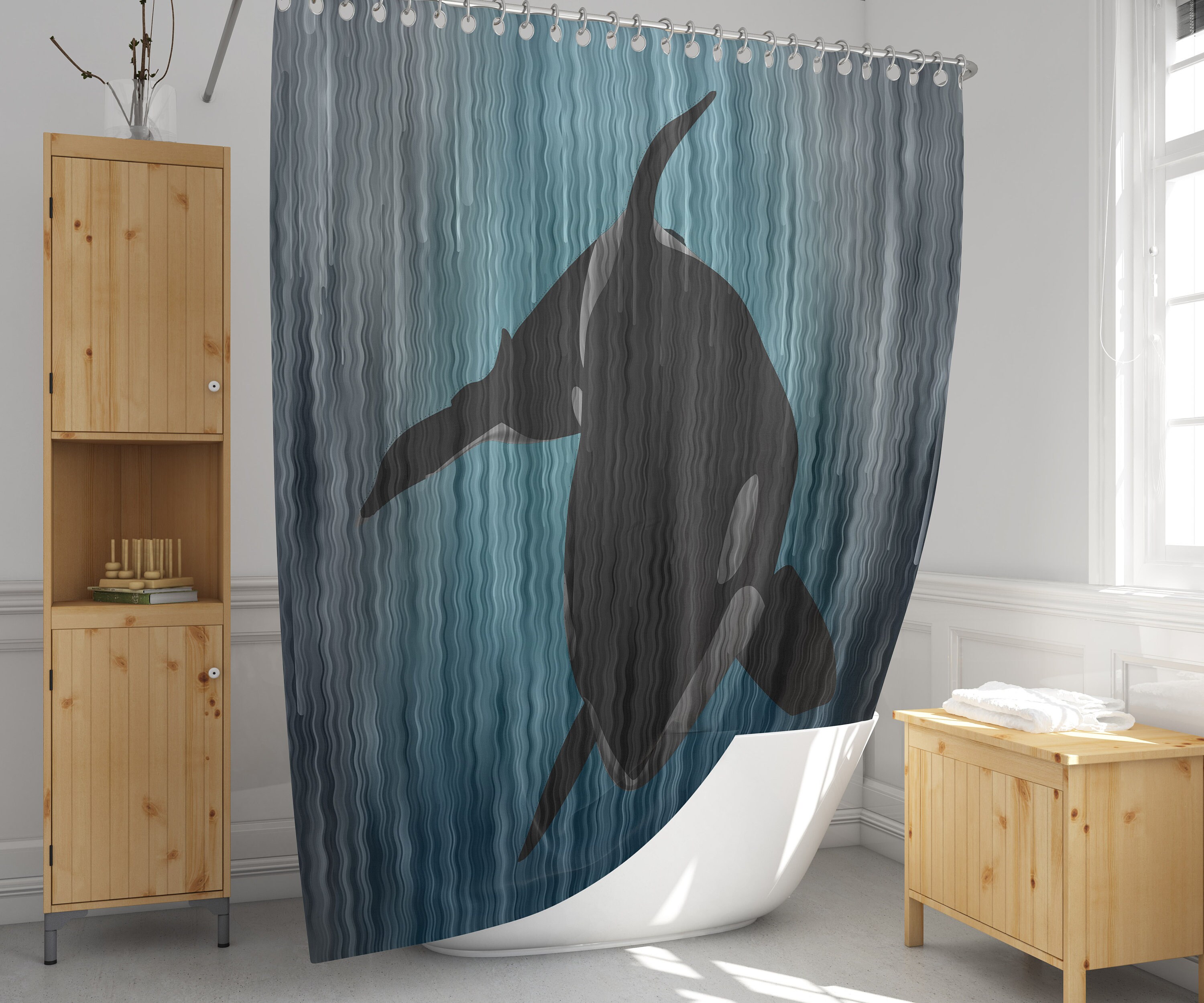 Deep Ocean Blue Killer Whale Polyester Shower Curtain, Perfect For Your Underwater Themed Bathroom - Image 4