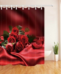Deep Red Rose Print Shower Curtain With Waterproof Fabric, Adds A Romantic Touch To Your Bathroom Decor