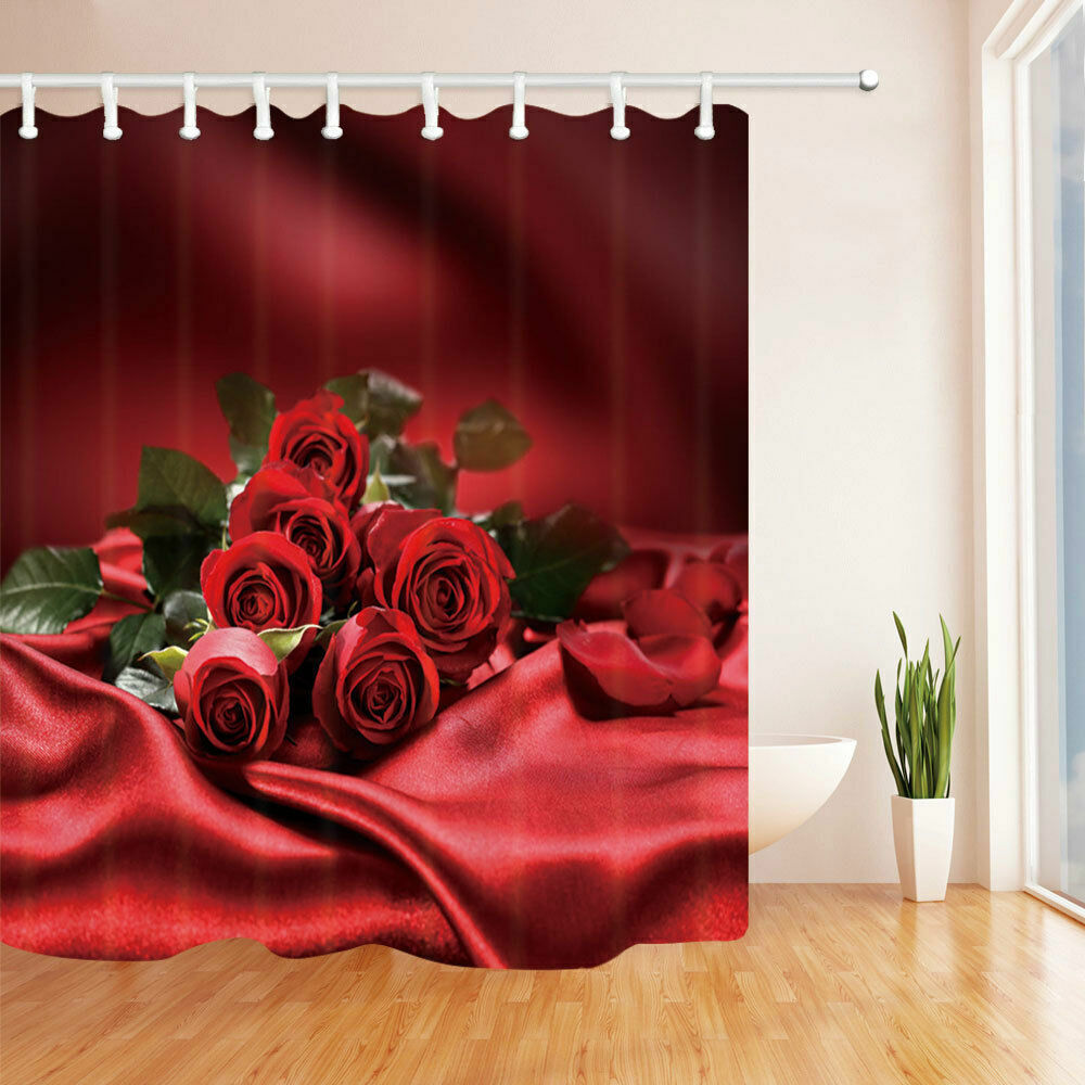 Deep Red Rose Print Shower Curtain With Waterproof Fabric, Adds A Romantic Touch To Your Bathroom Decor